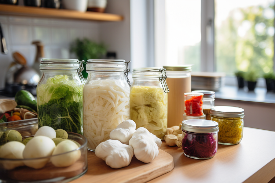Kitchen table covered with numerous probiotic foods