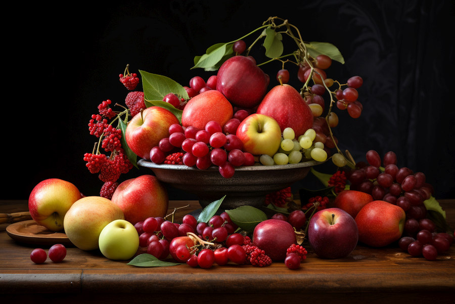 An assortment of foods containing sorbitol, including pears, apples and cherries